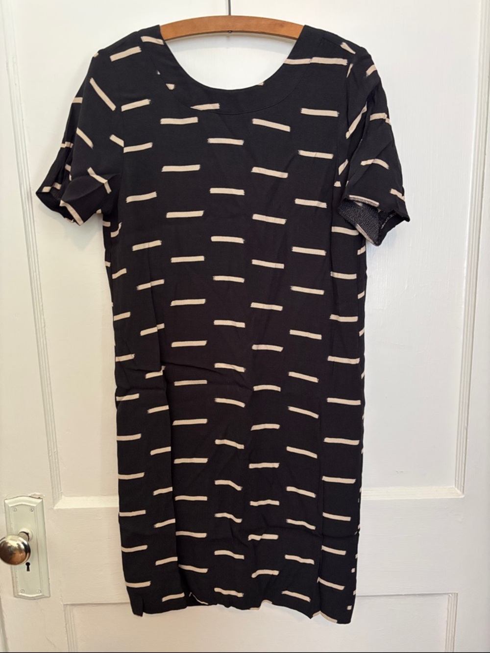 Madewell Black Short-Sleeve Mini Dress with Beige Stripe Pattern